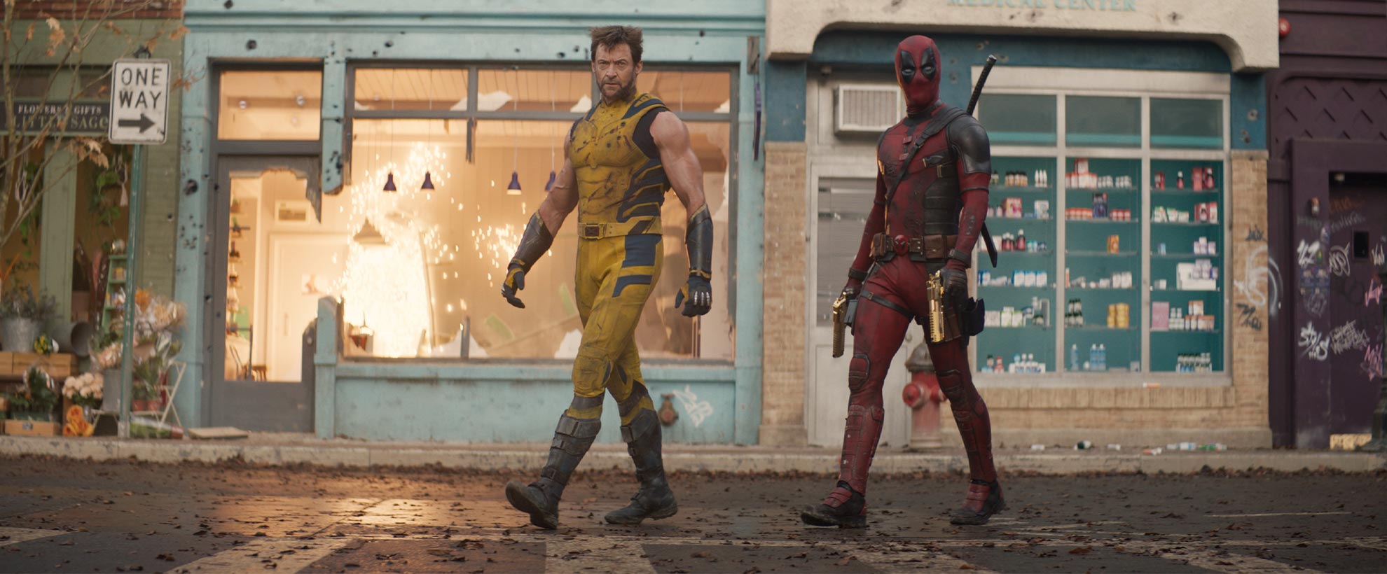 Deadpool and Wolverine in a wide film still